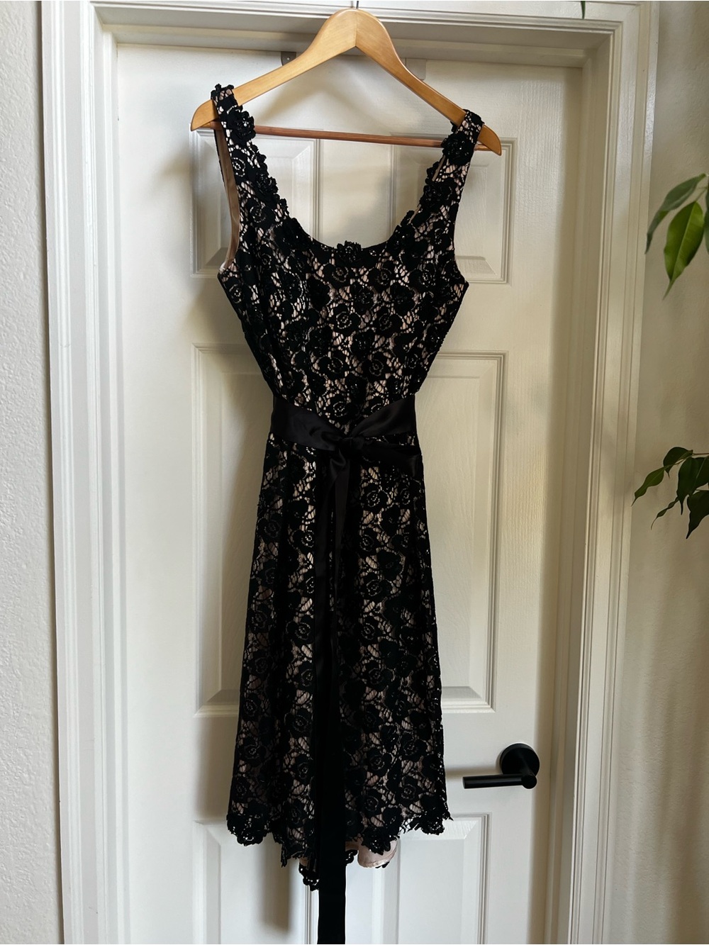 Black Lace A-Line Dress with Satin Waist Tie
